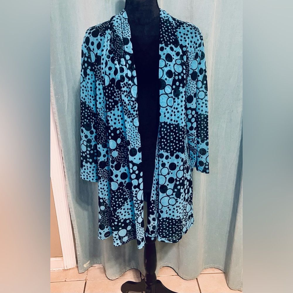 Teal & Black Printed Liquid KniT  Open Front Cardigan Size XL N TOUCH Geometric